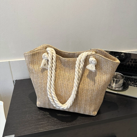Borsa Tote in Paglia Estiva da Donna Tessitura a Spina di Pesce Grande Capacità Con Manico in Corda di Cotone e Nappa Mare