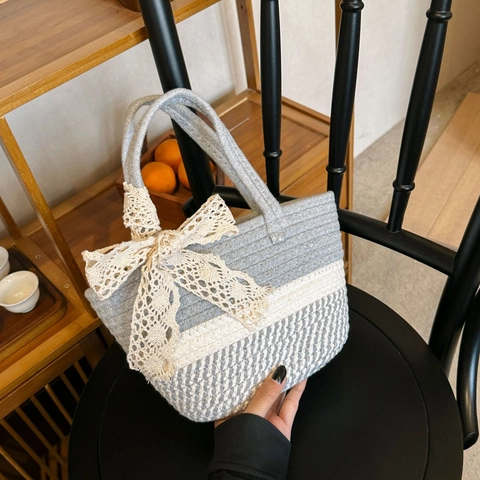 Women Woven Handheld Bucket Bag With Large Lace Bow Contrast Color Plaid Basket Bag For Summer Vacation Daily Casual Shoulder Bag