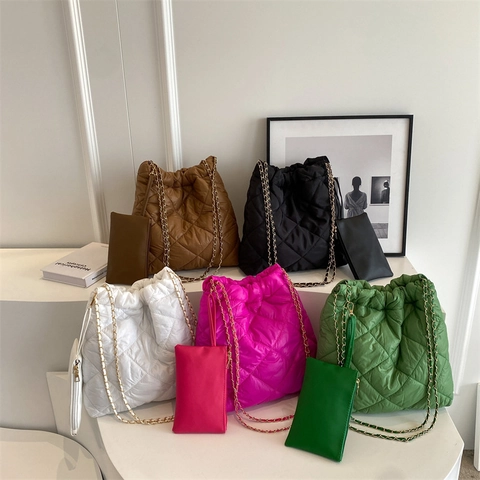 Große Kapazität Gesteppte Puffer Tragetasche Mit Passender Untertasche Rhombus Kette Umhängetasche Für Damen Mode Puffige Tasche