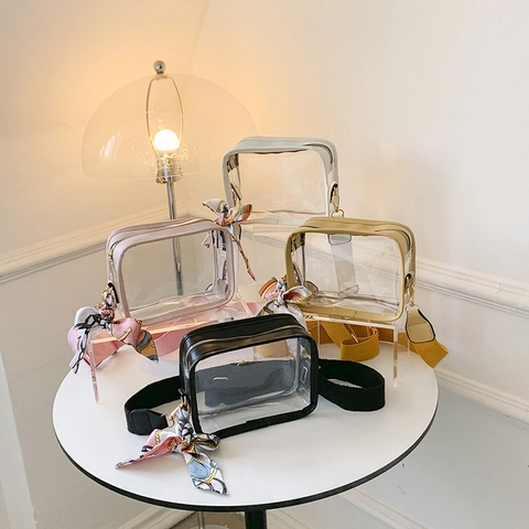 Women Transparent PVC Jelly Crossbody Bag Wide Shoulder Strap Scarf Decor Fashion Clear Square Small Shoulder Purse