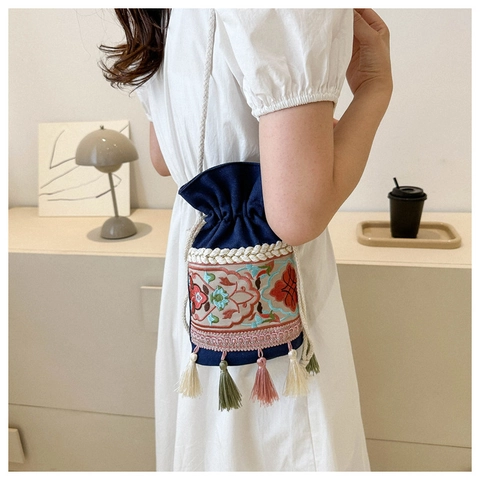 Ethnic Floral Embroidery Canvas Bucket Bag With Tassel Drawstring Shoulder Crossbody Purse For Women