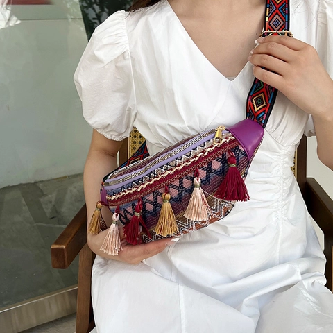 Marsupio da Donna Etnico Bohemien con Nappine Borsa da Petto Vintage in Tela Ricamata con Tracolla Geometrica Larga Borsa con Frange