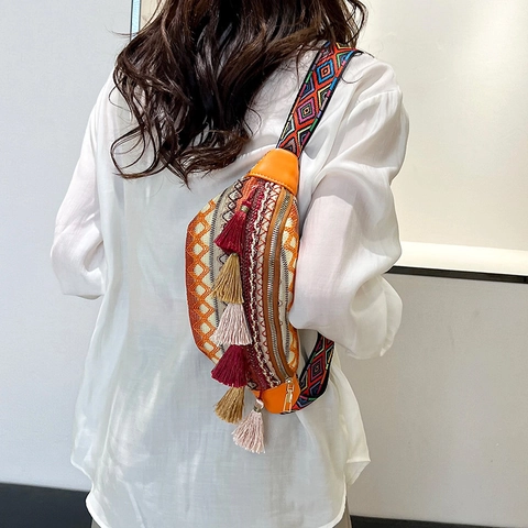 Sac Banane Ethnique Bohème À Franges Broderie Géométrique Large Bandoulière Toile Cuir Sac Poitrine Femmes