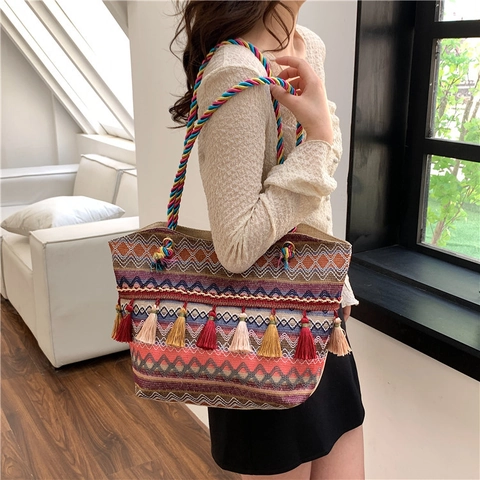 Bolso Tote de Punto Étnico Bohemio Con Borlas Multicolor Patrón Geométrico Gran Capacidad Bolso de Hombro para Mujer Viaje
