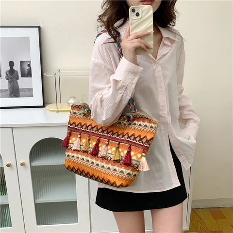 Bolso Tote de Punto Étnico Bohemio Con Borlas Multicolor Patrón Geométrico Gran Capacidad Bolso de Hombro para Mujer Viaje