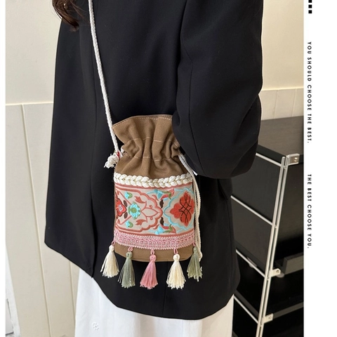 Ethnic Floral Embroidery Canvas Bucket Bag With Tassel Drawstring Shoulder Crossbody Purse For Women
