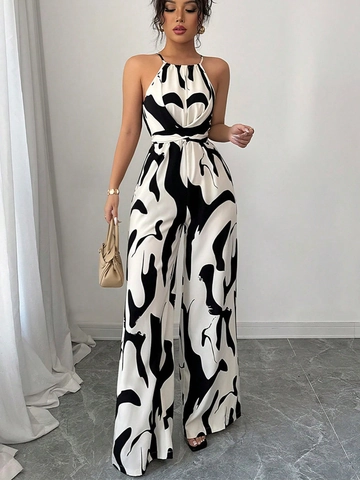 Women Halter Backless Jumpsuit Abstract Marble Print Wide Leg Pants Elegant Tie Waist Sleeveless One Piece Fashion Outfits