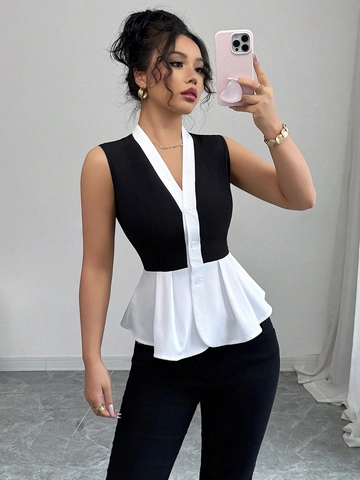 Top De Peplum Sin Mangas Para Mujer Cuello En V Con Botones Color Block Ajustado Elegante Blusa De Oficina