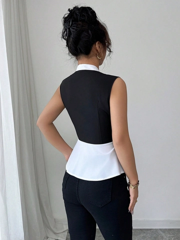 Top De Peplum Sin Mangas Para Mujer Cuello En V Con Botones Color Block Ajustado Elegante Blusa De Oficina