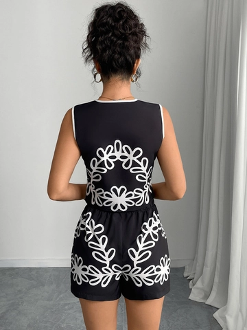 Women Sleeveless V-Neck Floral Vest And Shorts Summer Vacation Contrast Binding Button Up Polyester Clothing