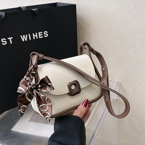 Borsa A Spalla Tracolla Donna Pelle PU Piccola Borsa Quadrata Con Patta E Sciarpa Di Raso Stile Coreano Colore Contrasto