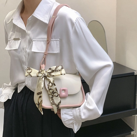 Borsa A Spalla Tracolla Donna Pelle PU Piccola Borsa Quadrata Con Patta E Sciarpa Di Raso Stile Coreano Colore Contrasto
