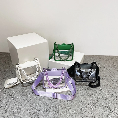 Trendy Transparent PVC Clear Crossbody Bag For Women Waterproof Jelly Mini Shoulder Bag With Thick Chain And Wide Strap