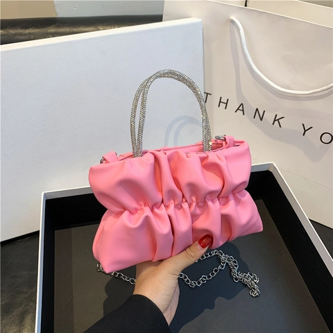 Sac Nuage Plissé pour Femmes Poignée en Strass Chaîne en Métal Sac à Bandoulière Élégant en PU Soirée Mode