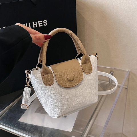 Bolso Cubo para Mujer de Cuero PU con Textura de Lichi Retro Bolso de Hombro Minimalista Color Sólido Tote Bolso de Mano Cruzado