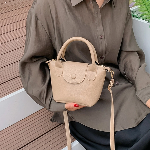 Bolso Cubo para Mujer de Cuero PU con Textura de Lichi Retro Bolso de Hombro Minimalista Color Sólido Tote Bolso de Mano Cruzado