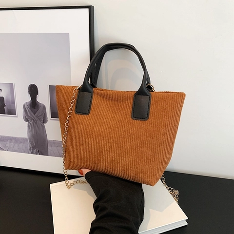 Bolso de Cubo de Pana Retro para Mujer de Gran Capacidad Mango de Color en Contraste Bolso de Hombro Con Correa de Cadena de Metal Dorado