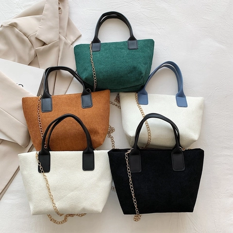 Bolso de Cubo de Pana Retro para Mujer de Gran Capacidad Mango de Color en Contraste Bolso de Hombro Con Correa de Cadena de Metal Dorado