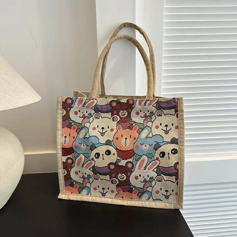 Sac Fourre-Tout Décontracté en Lin pour Femmes Grande Capacité Imprimé Animal et Floral Vintage Sac à Bandoulière pour École et Shopping