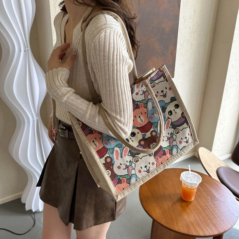 Sac Fourre-Tout Décontracté en Lin pour Femmes Grande Capacité Imprimé Animal et Floral Vintage Sac à Bandoulière pour École et Shopping