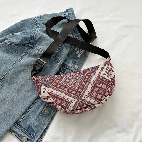 Bolso de Hombro de Media Luna Étnico Vintage Tejido para Mujer Patrón Geométrico Tela Jacquard Bolso Bandolera Hobo Diario