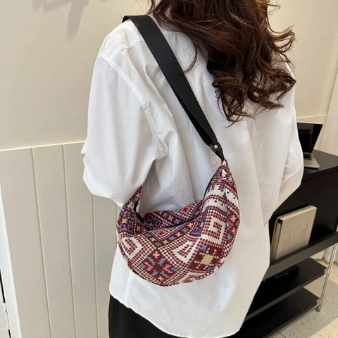 Bolso de Hombro de Media Luna Étnico Vintage Tejido para Mujer Patrón Geométrico Tela Jacquard Bolso Bandolera Hobo Diario