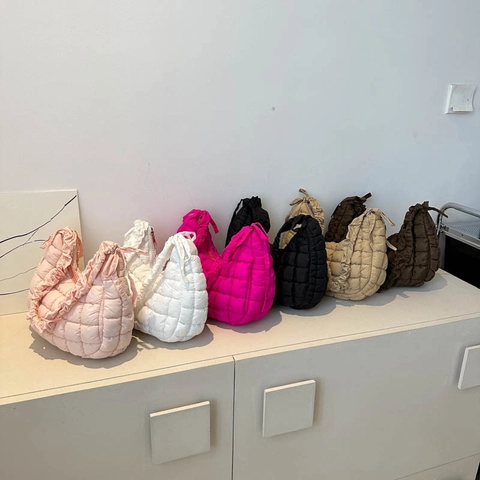Women Oxford Cloth Quilted Puffer Cloud Shoulder Bag Ruched Strap Crescent Dumpling Crossbody Bag Large Capacity Fashion Purse