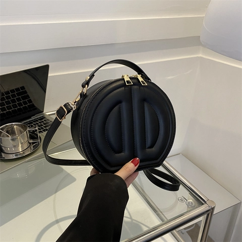 Fashion Women Round Shoulder Bag PU Leather Embossed Crossbody Bag With Double Zipper Small Casual Street Trend Handbag