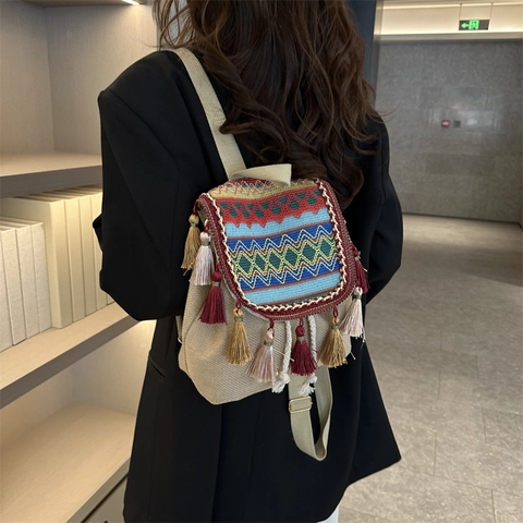 Bohemian Ethno-Stickerei Fransen Segeltuch Rucksack Für Damen Klein Retro Kordelzug Mode Reisen Urlaub Mini Schultertasche