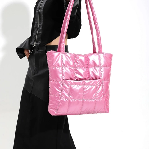 Dames Metallic Doorgestikte Puffer Tote Bag Grote Capaciteit Gevoerde Schoudertas Glanzend Raster Patroon Mode Handtas