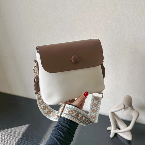Bolso Bandolera de Cuero PU de Diseño de Nicho para Mujer Bolso de Hombro Casual Con Correa Tejida Ancha Bohemia