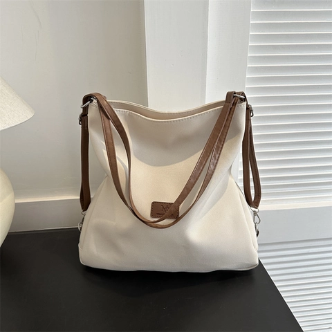 Minimalist Solid Color Canvas Shoulder Bag Large Capacity Tote For Women Daily Casual Style With Adjustable Leather Strap