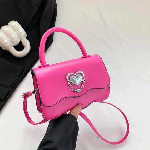 Damen Mode Einfarbig PU Leder Kleine Quadratische Tasche Mit Herzschnalle Wellenkante Schulter Umhängetasche Handtasche