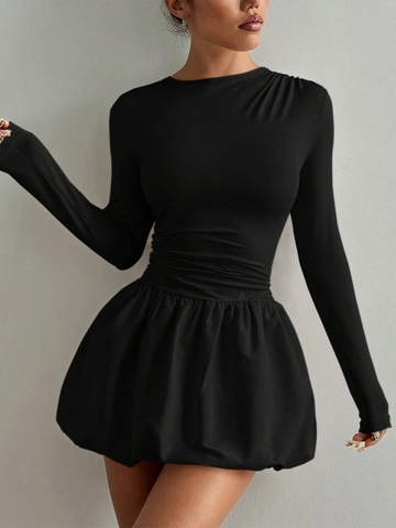 Vestido de Mujer Elegante Color Sólido Negro Manga Larga Ajustado Cintura Fruncida Dobladillo Burbuja Mini Vestido Cuello Redondo Fiesta
