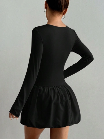 Vestido de Mujer Elegante Color Sólido Negro Manga Larga Ajustado Cintura Fruncida Dobladillo Burbuja Mini Vestido Cuello Redondo Fiesta