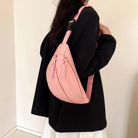 Women's Nylon Waist Bag Casual Chest Bag Solid Color Crescent Shape With Woven Zipper Pull Adjustable Strap Crossbody Pack