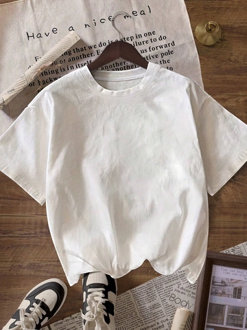 Camiseta Informal de Manga Corta con Cuello Redondo para Mujer Estampado de Atardecer Seda de Leche Negro Blanco