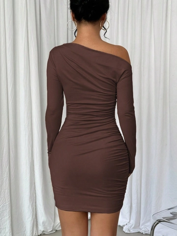 Women Sexy One Shoulder Ruched Bodycon Mini Dress Long Sleeve Slim Fit Stretchy Party Clubwear Solid Color Casual Dress