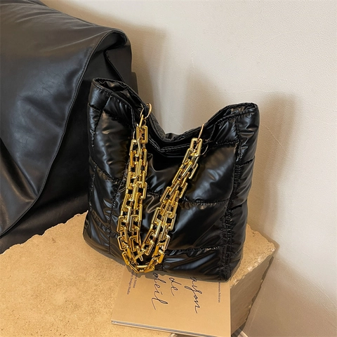 Borsa Tote Trapuntata Metallizzata da Donna Grande Capacità in Pelle PU Borsa a Tracolla Con Catena Dorata Spessa Moda