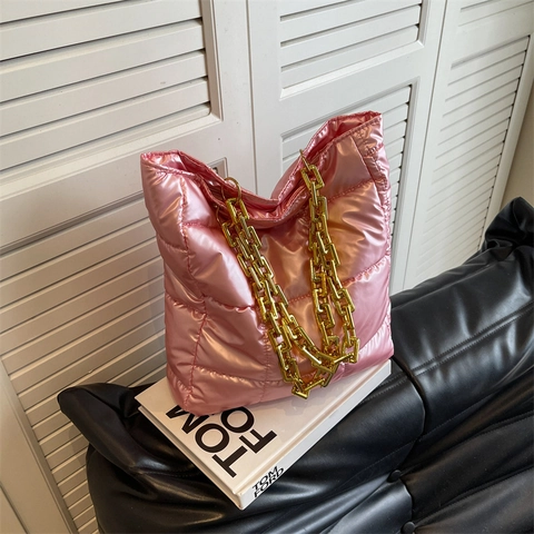 Borsa Tote Trapuntata Metallizzata da Donna Grande Capacità in Pelle PU Borsa a Tracolla Con Catena Dorata Spessa Moda