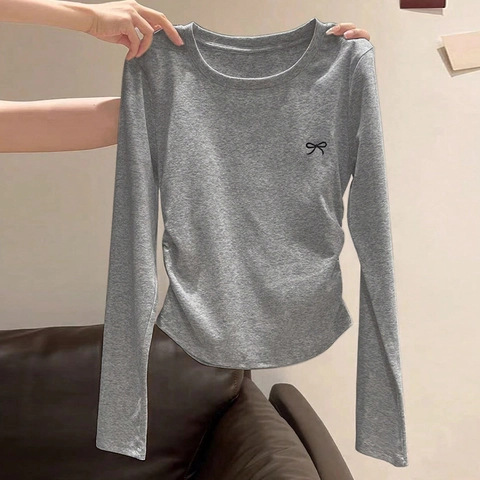 Women Casual Ruched Long Sleeve T-Shirt Round Neck Slim Fit Bow Print Curved Hem Solid Color Stretch Jersey Top