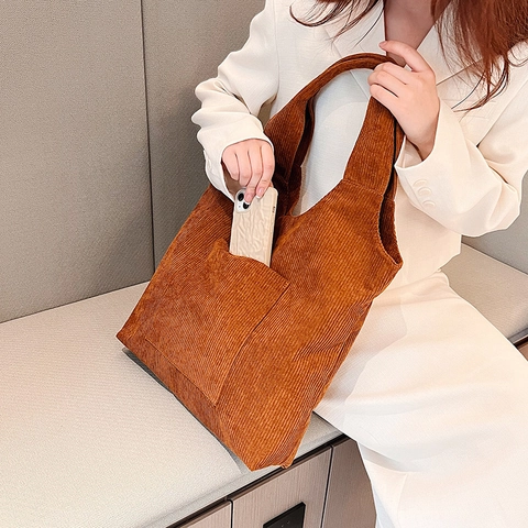 Women's Vintage Corduroy Tote Bag Large Capacity Shoulder Bag With Front Pocket Simple Solid Color Fashion School Handbag