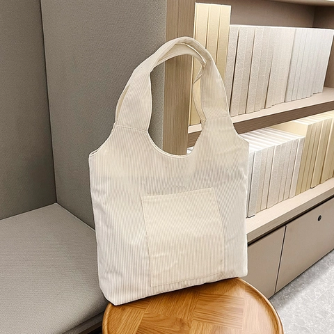 Women's Vintage Corduroy Tote Bag Large Capacity Shoulder Bag With Front Pocket Simple Solid Color Fashion School Handbag