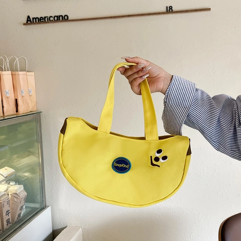 Borsa A Mano In Tela Forma A Mezzaluna Ricamo Sorriso Borsa Da Donna Casual Giallo Chiusura Con Cerniera Leggera