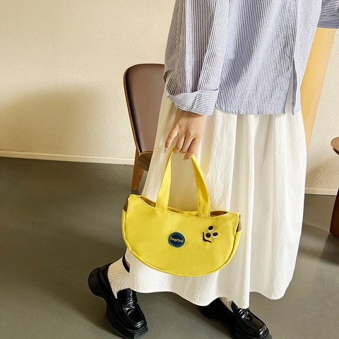 Borsa A Mano In Tela Forma A Mezzaluna Ricamo Sorriso Borsa Da Donna Casual Giallo Chiusura Con Cerniera Leggera