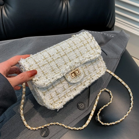 Damen Tweed Umhängetasche Mit Kette Elegante Crossbody Handtasche Drehverschluss Gewebte Tasche