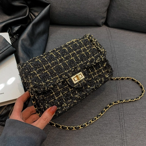 Damen Tweed Umhängetasche Mit Kette Elegante Crossbody Handtasche Drehverschluss Gewebte Tasche
