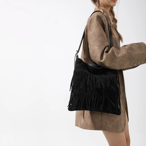 Borsa A Spalla Con Frange Pelle Scamosciata Sintetica Grande Capacità Boho Maillard Retro Tracolla Donna