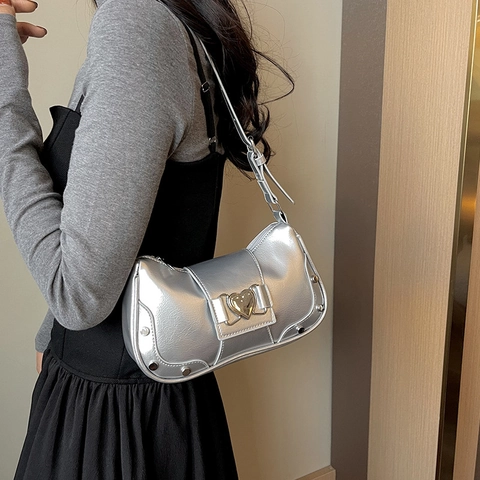 Women Y2K Heart Buckle Underarm Bag Stylish Rivet PU Leather Shoulder Bag Casual Sweet Cool Solid Color Messenger Bag