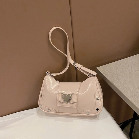 Women Y2K Heart Buckle Underarm Bag Stylish Rivet PU Leather Shoulder Bag Casual Sweet Cool Solid Color Messenger Bag
